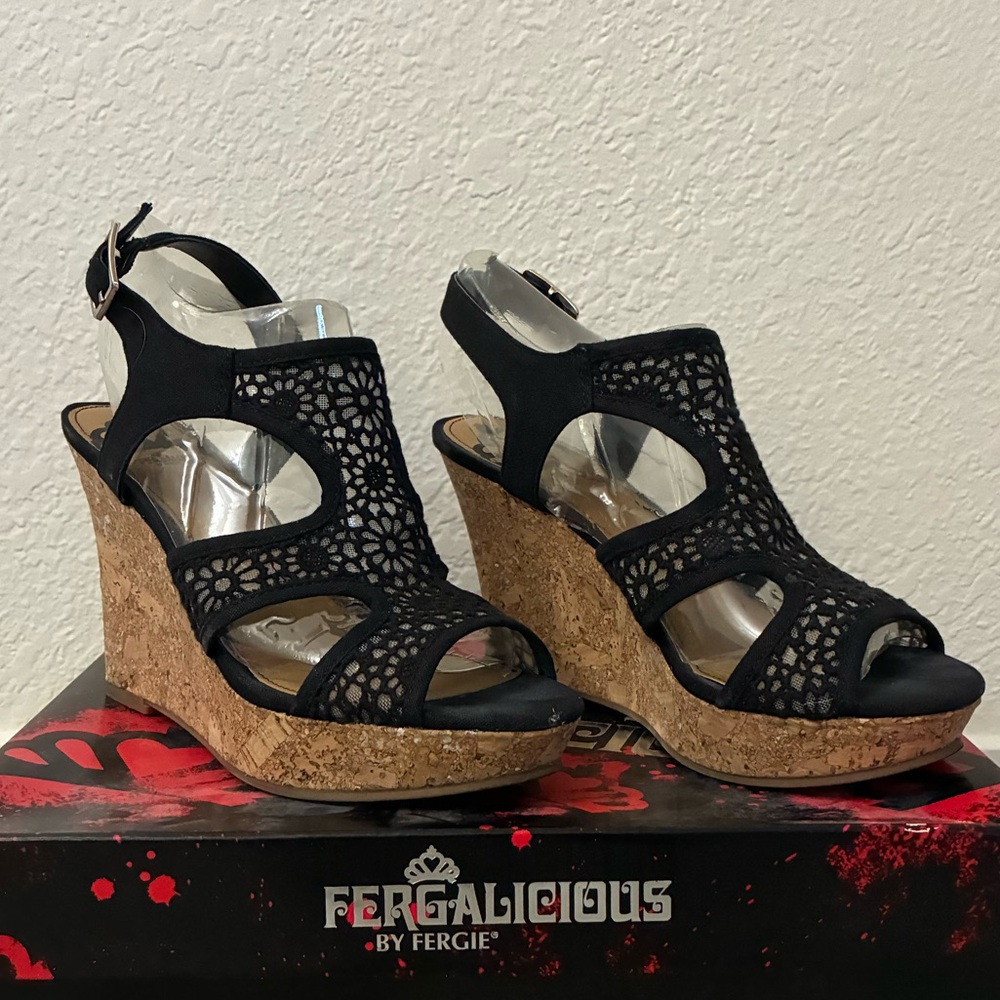 FERGALICIOUS Black Lace Wedges - Picture 3 of 7